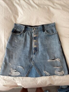 AMIRI DENIM + LEATHER MINI SKIRT